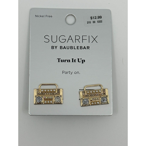 SUGARFIX by BaubleBar Jewelry - Sugarfix By Baublebar Earrings Boombox Party "Turn it Up" Rhinestones Gold Tone